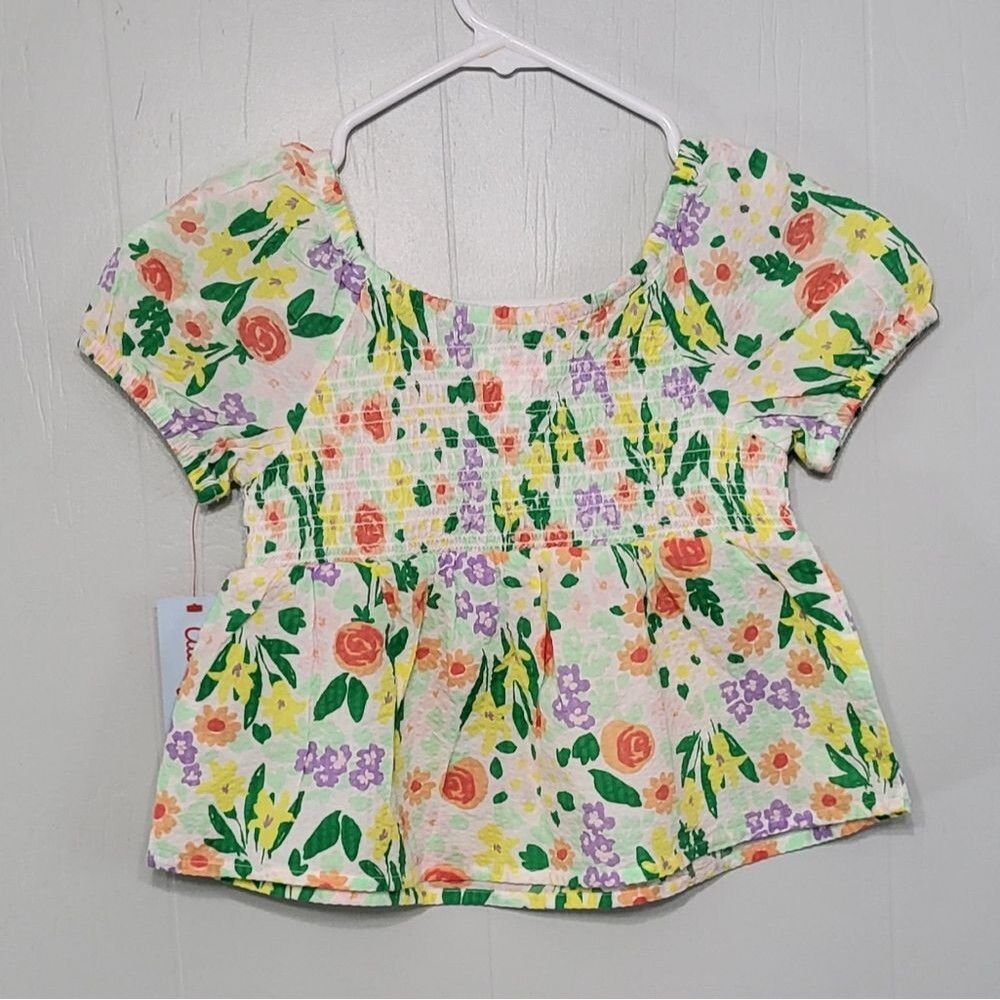 Cat & Jack Girls NWT Multi Floral Smock Short Sleeve Peplum Top Size XS (4/5) - Picture 6 of 7